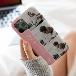 Modern pink couple names 3 photos collage grid Case-Mate iPhone hülle