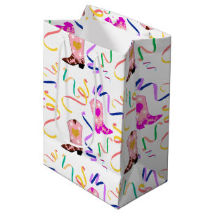 Modern Pink Cowgirl Western Boots Confetti White Mittlere Geschenktüte