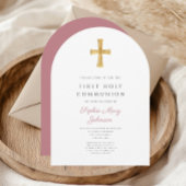 Modern Pink Cross Girl Heiliger Kommunionbogen Einladung