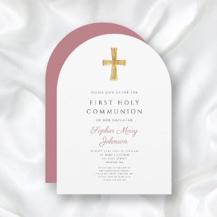 Modern Pink Cross Girl Heiliger Kommunionbogen Einladung