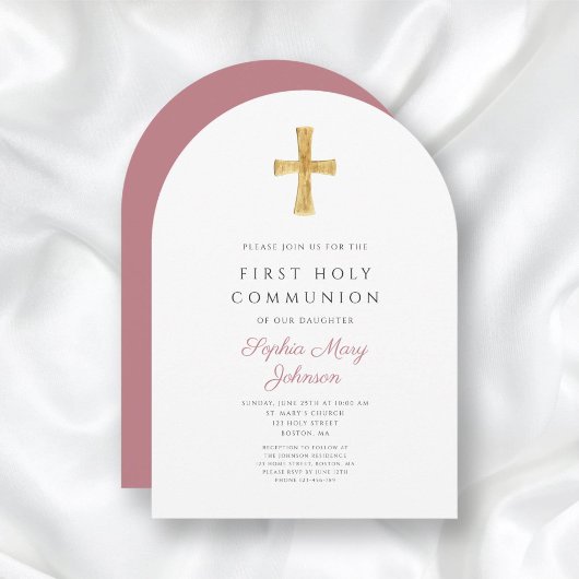 Modern Pink Cross Girl Heiliger Kommunionbogen Einladung