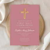 Modern Pink Cross Religious Girl First Communion Einladung