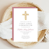 Modern Pink Cross Religious Girl First Communion Einladung