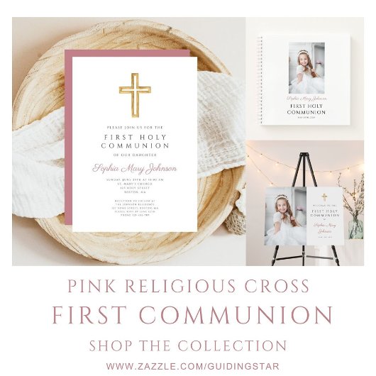 Modern Pink Cross Religious Girl First Communion Einladung