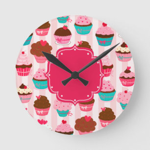 Modern Pink Cupcakes Girly Runde Wanduhr