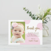 Modern Pink Dots Gold First birthday baptism photo Dankeskarte (Stehend Vorderseite)