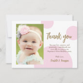 Modern Pink Dots Gold First birthday baptism photo Dankeskarte (Vorderseite)
