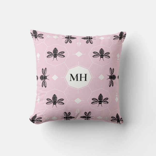 Modern Pink Elegant Black Bee Pattern Monogram Kissen (Vorderseite)