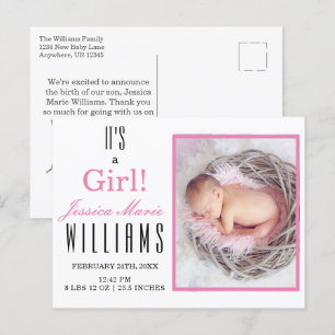 Modern Pink Es ist ein Mädchen! Baby Birth Announc Postkarte