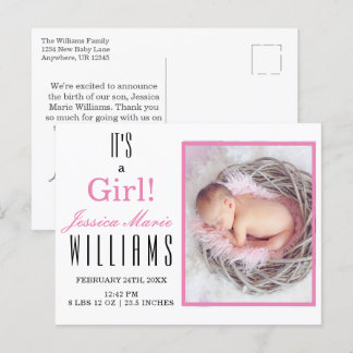 Modern Pink Es ist ein Mädchen! Baby Birth Announc Postkarte