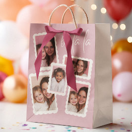 Modern Pink “Fa La La” Multi Photo Christmas Gift  Mittlere Geschenktüte