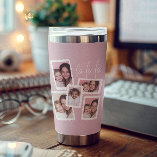 Modern Pink “Fa La La” Multi Photo Christmas Thermobecher