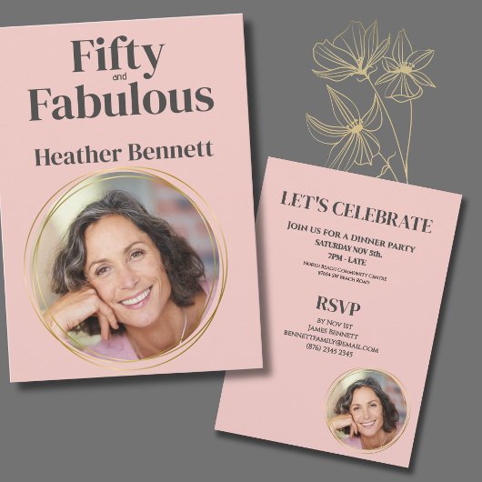 Modern Pink Fifty and Fabulous Photo Birthday Einladung