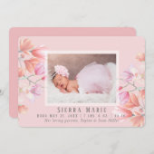 Modern Pink Floral Baby Girl Foto Birth Ankündigung (Vorne/Hinten)