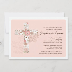 Modern Pink Floral Cross Girls Taufe Einladung
