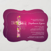 Modern Pink Floral Cross Girls Taufe Einladung (Vorne/Hinten)