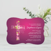 Modern Pink Floral Cross Girls Taufe Einladung (Stehend Vorderseite)