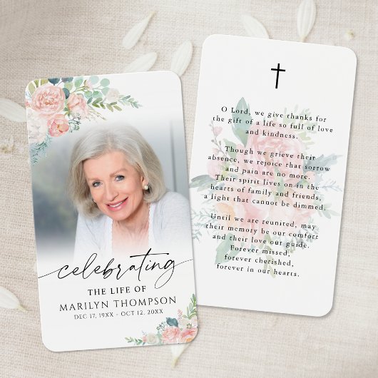 Modern Pink Floral Cross Prayer Card