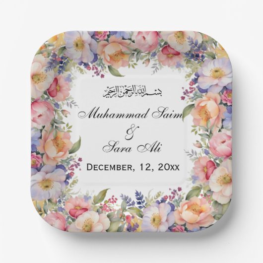 Modern Pink Floral Nikah Muslime Einladung Pappteller (Vorderseite)