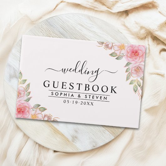 Modern Pink Floral Wedding Party with Golden Touch Gästebuch