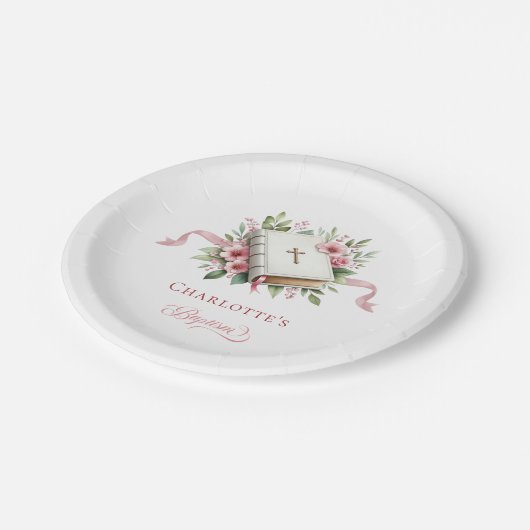 Modern Pink Flower Baptism Paper Plate Pappteller (Schrägansicht)