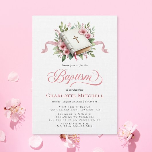 Modern Pink Flower Bible Baptism Einladung