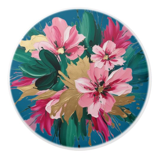 Modern Pink Flower Cluster with Gold Leaf Flourish Keramikknauf (Vorderseite)
