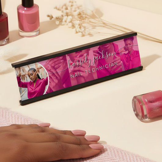 Modern Pink Foto Collage Script Kalligraphie Name Schreibtischnamensplakette