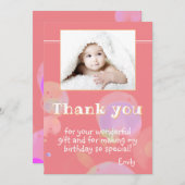 Modern Pink Foto Geburtstag Danke für die Kinderka (Vorne/Hinten)