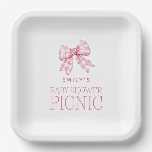 Modern Pink Gingham Bow Name Baby Shower Picnic Pappteller (Vorderseite)