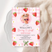 Modern Pink Gingham Heart Berry First Birthday Einladung