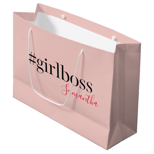 Modern Pink Girl Boss & Name Best Girly Große Geschenktüte (Vorderseite Schrägansicht)