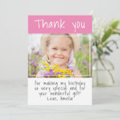 Modern Pink Girl Custom Foto Geburtstag Dankeskarte (Stehend Vorderseite)