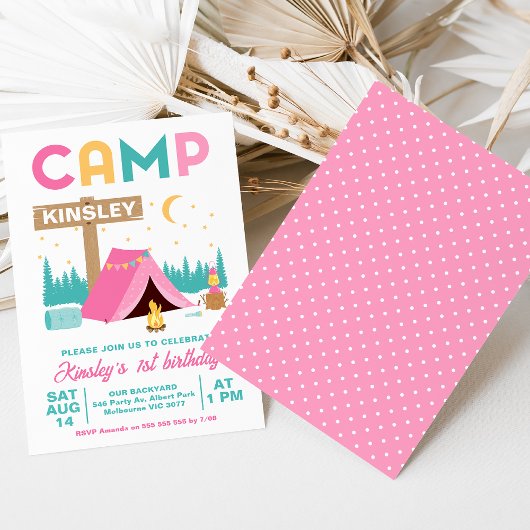 Modern Pink Girls Camping Geburtstag Einladung