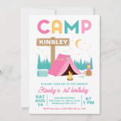 Modern Pink Girls Camping Geburtstag Einladung (Vorderseite)
