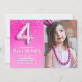 Modern Pink Glitter Balloon 4th Birthday Photo Einladung (Vorderseite)