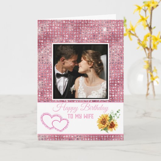 Modern Pink Glitter Happy Birthday to My Wife Karte (Gelbe Blume)
