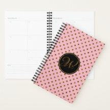Modern Pink Gold Black Glitzer Polka Dots Monogram