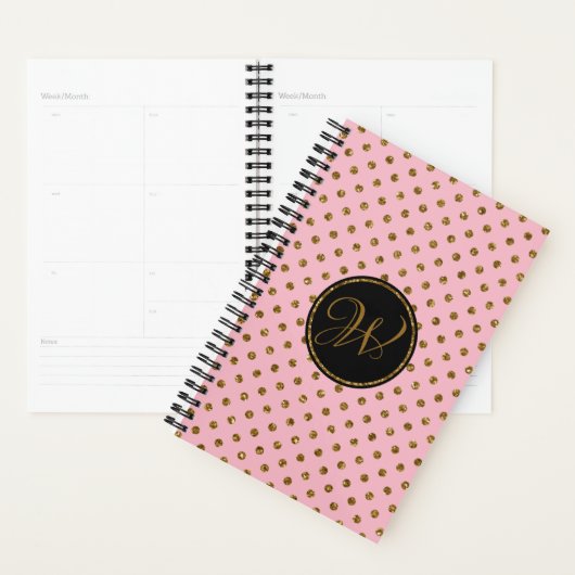 Modern Pink Gold Black Glitzer Polka Dots Monogram Planer (Anzeige)