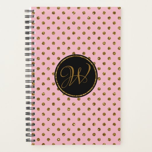Modern Pink Gold Black Glitzer Polka Dots Monogram Planer (Vorderseite)