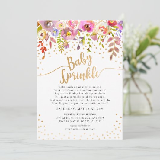 Modern Pink Gold Floral Baby Einladung (Stehend Vorderseite)