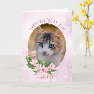 Modern Pink Gold Floral Wreath Cat Foto Geburtstag Karte