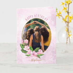 Modern Pink Gold Floral Wreath Photo Birthday Karte