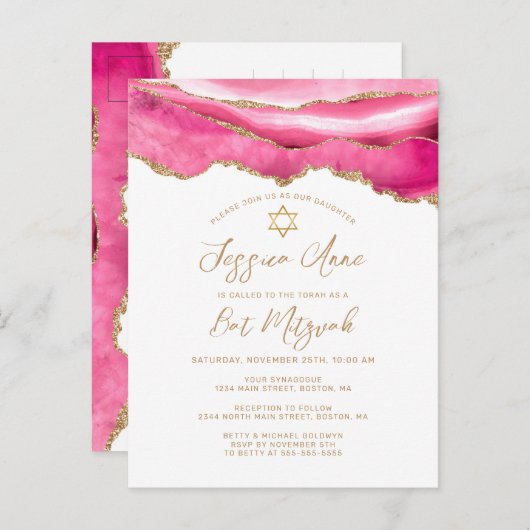 Modern Pink Gold Glitzer Agate Bat Mitzvah Ankündigungspostkarte (Vorne/Hinten)