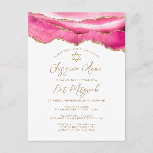 Modern Pink Gold Glitzer Agate Bat Mitzvah Ankündigungspostkarte (Vorderseite)