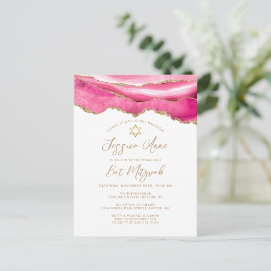 Modern Pink Gold Glitzer Agate Bat Mitzvah Ankündigungspostkarte (Stehend Vorderseite)