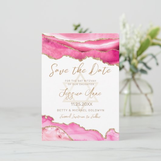 Modern Pink Gold Glitzer Agate Bat Mitzvah Save The Date (Stehend Vorderseite)