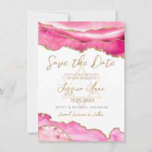 Modern Pink Gold Glitzer Agate Bat Mitzvah Save The Date