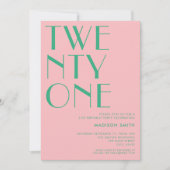 Modern Pink Green Minimalistisch Chic 21. Geburtst Einladung (Vorderseite)