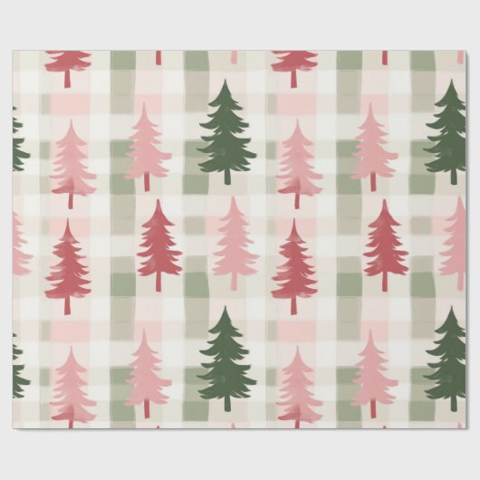 Modern Pink & Green Pine Tree Plaid Christmas Geschenkpapier (Flach)